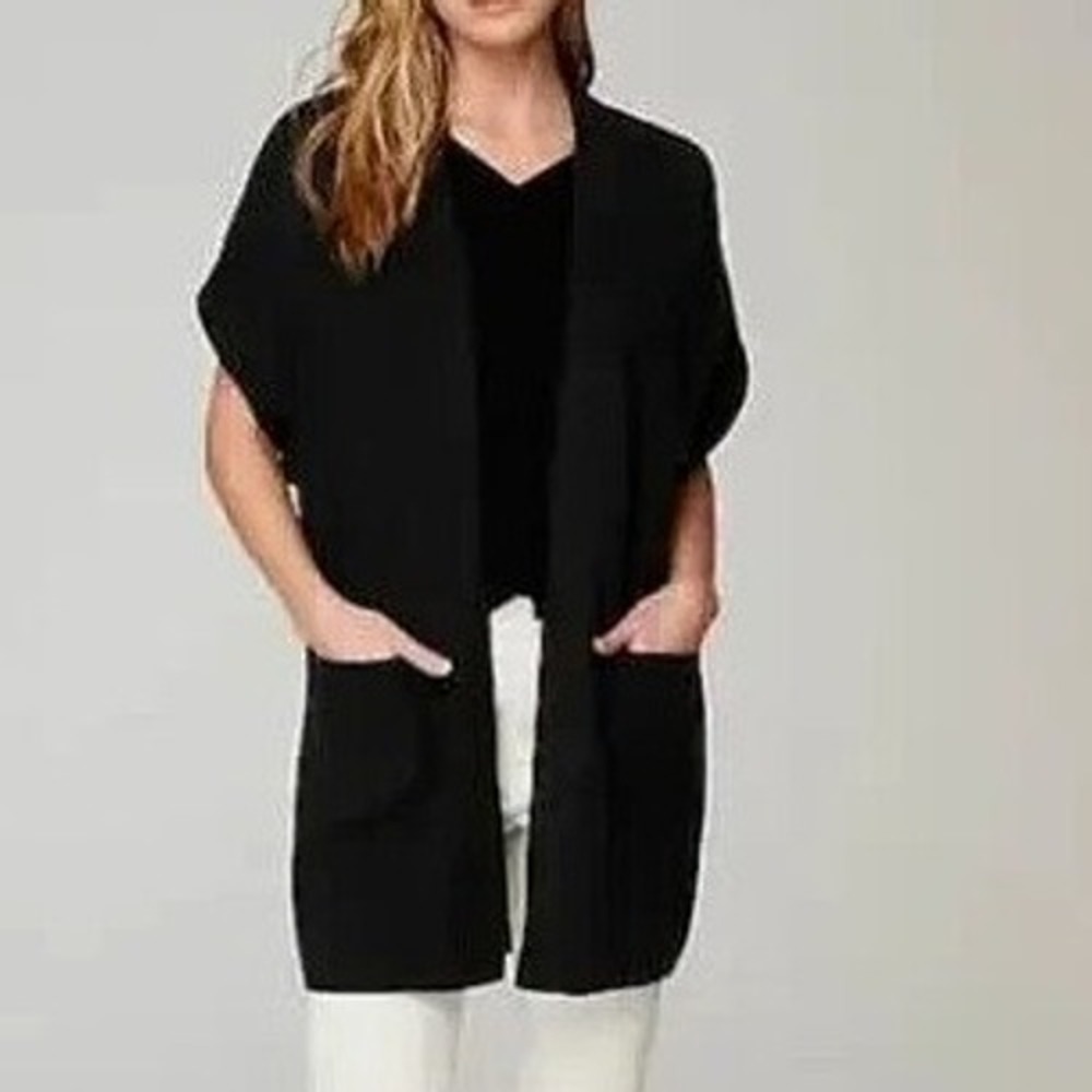 J Jill Knit Duster Cardigan Vest Small Black Open Front Pouch Pockets‎ Relaxed